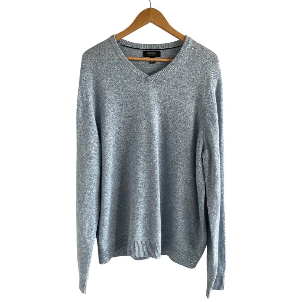 Nordstrom Men's Shop V Neck Sweater XL Blue Cashmere Silk Blend Classic Preppy